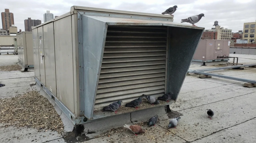 Pigeons at outside air intake Commercial Rooftop Air Handling Unit