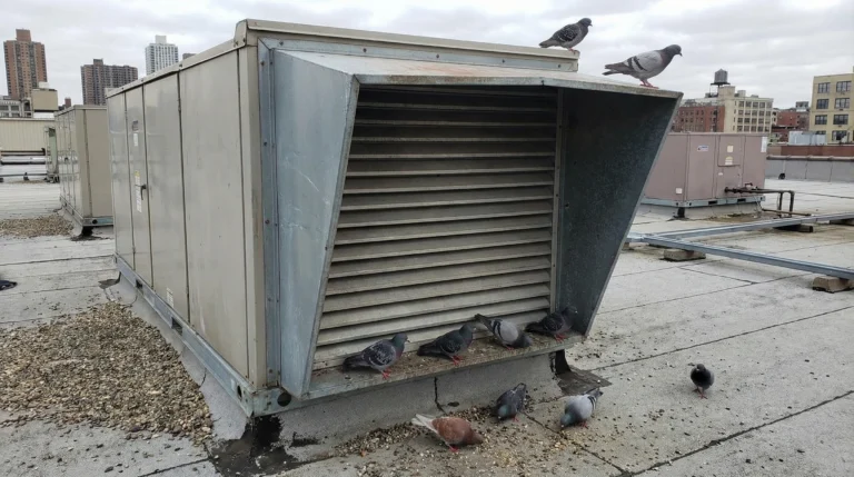 Pigeons at outside air intake Commercial Rooftop Air Handling Unit