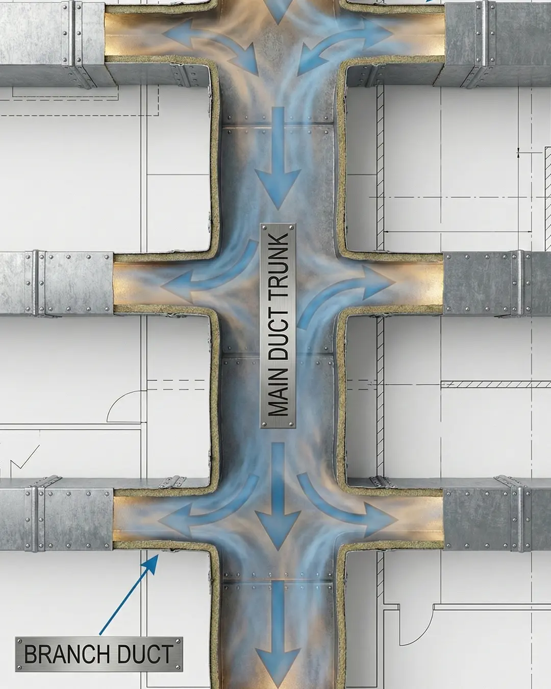 Air duct branch illustration showing HVAC airflow spreading odor through vents in a Colorado home