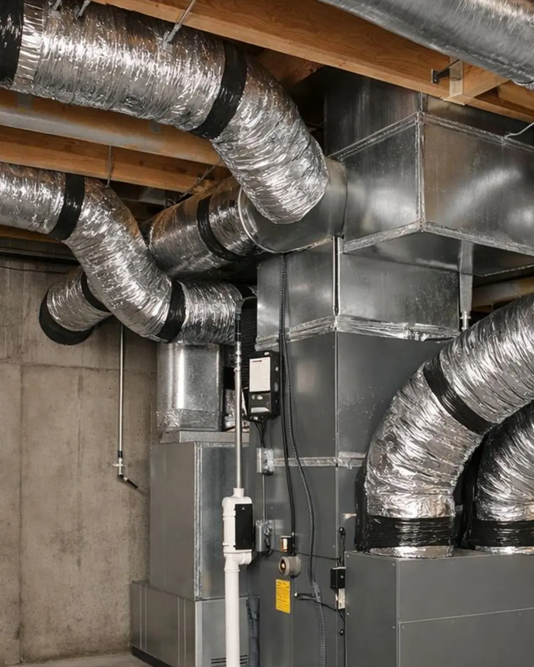 Flexible ductwork routed through a Colorado home attic