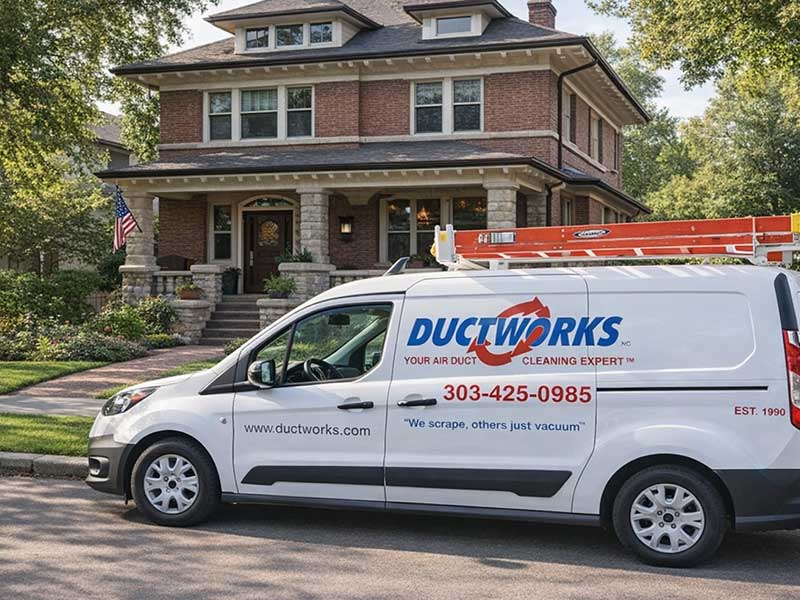 Ductworks air duct cleaning van parked outside a historic Denver Square home in Washington Park